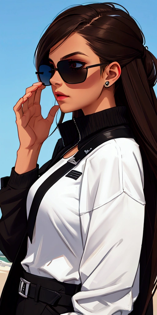 Create profile of young woman with dark brown hair, to wear black sunglasses