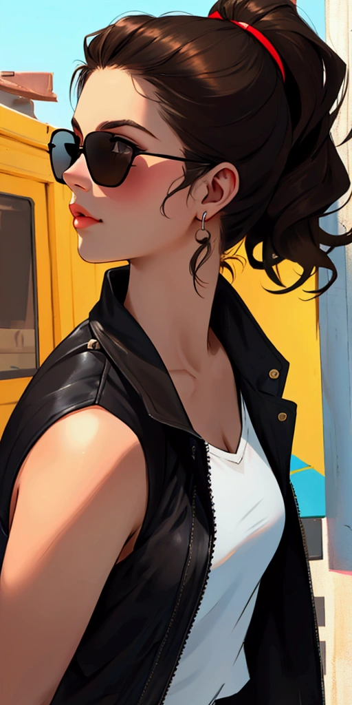 Create profile of young woman with dark brown hair, to wear black sunglasses
