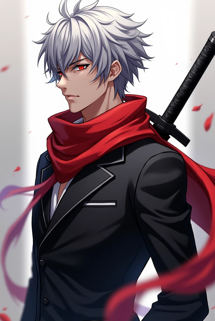 Silver hair Anime man with a red scarf, black sword in his back, red eyes, no glasses, 2
, short hair, full body, talla 