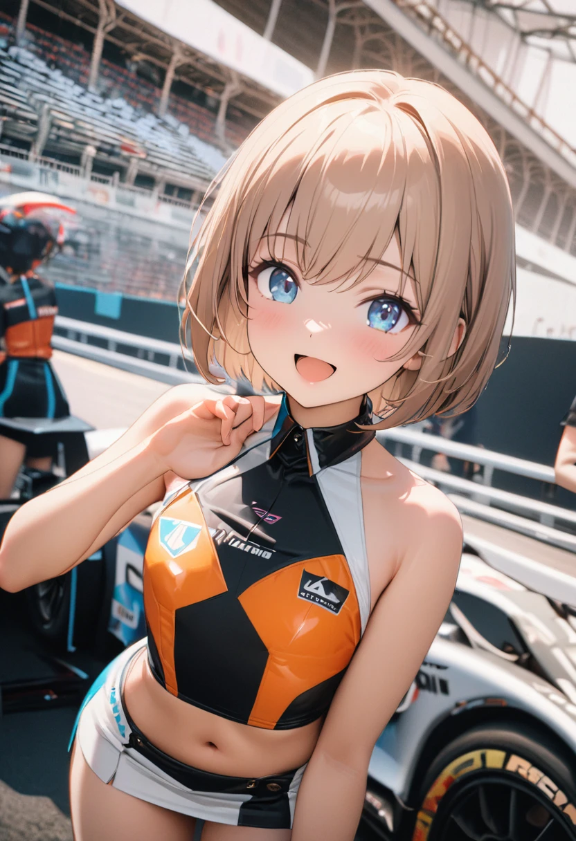 1 girl, 18yo, flat chest, blue eyes, light brown hair, bob cut, smile, open mouth, race queen, grid girl, sleeveless, mini skirt, circuit pits and racing cars line up in the background, upper body, (various pose:1.5), 8k, RAW photo, best quality, masterpiece, extremely detailed 8k wallpaper, ultra-detailed, best shadow, detailed background, beautiful detailed face, beautiful detailed eyes, nice hands, perfect hands