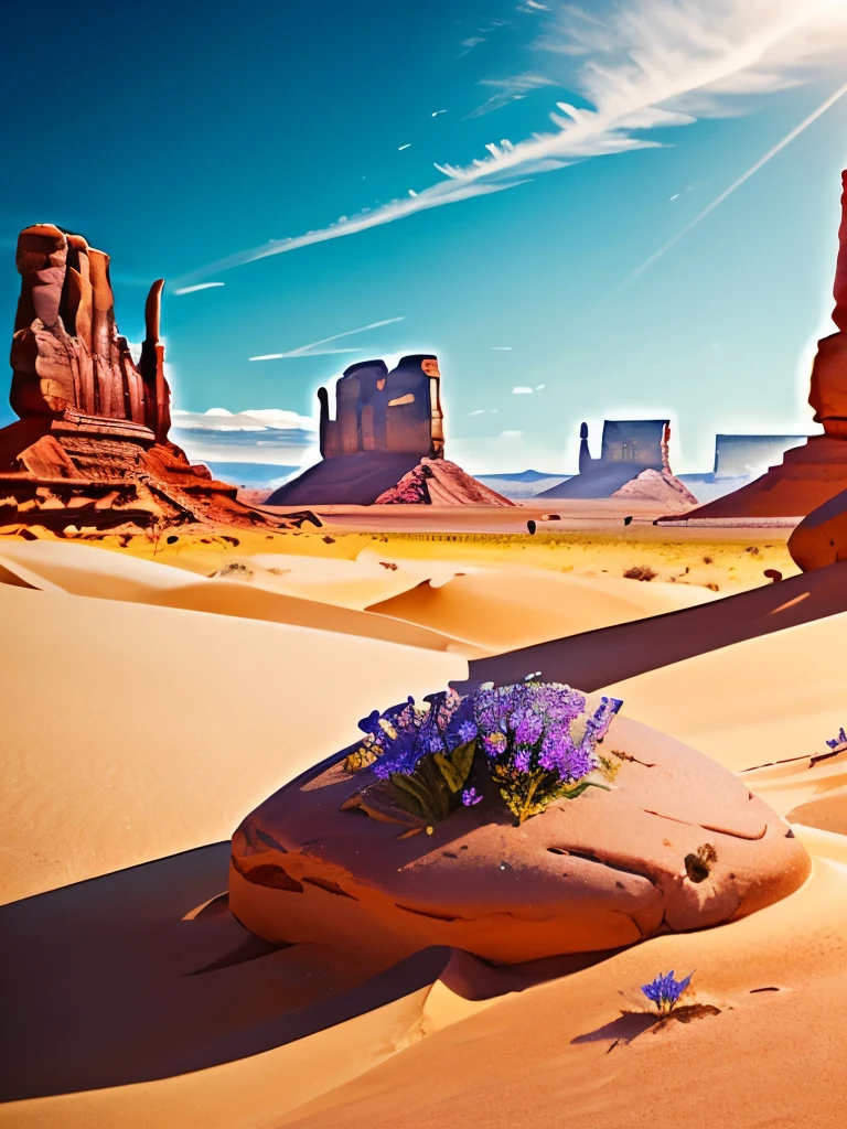 a close up of a flower growing in the sand near a rock, desert flowers, serene desert setting, australian wildflowers, monument valley, gigantic pillars and flowers, beautiful setting, style of monument valley, arizona desert, desert scenery, flowers in foreground, harmony of desert, gorgeous scenery, monument valley landscape, beautiful scenery, australian desert, extremely beautiful and ethereal, wild flowers