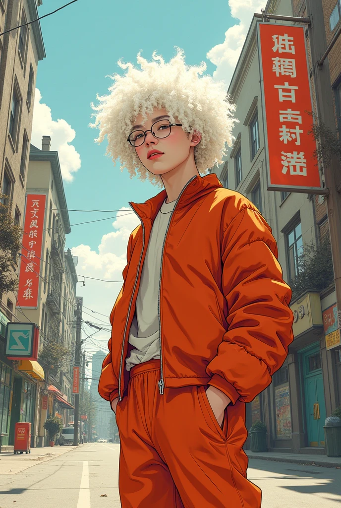 ，author：Conrad Roset ，A chubby boy，White curly hair，strong，optimism，Sunlight，Depth of Field，city environment，Lack of metal，Surreal minimalist shadows，Luo Erchun，