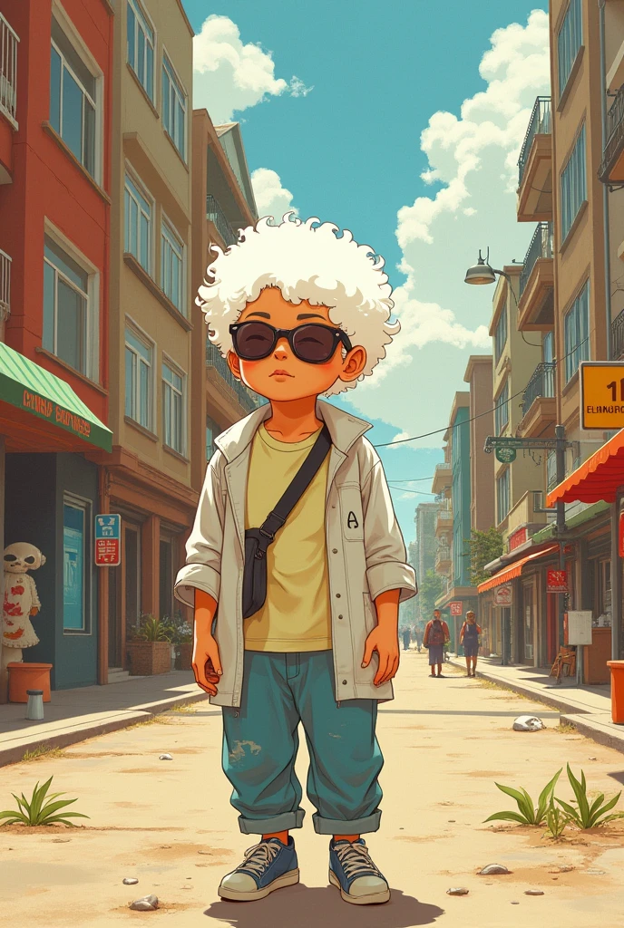 ,author:Conrad Roset ,A chubby boy,White curly hair,strong,optimism,Sunlight,Depth of Field,city environment,Lack of metal,Surreal minimalist shadows,Luo Erchun,