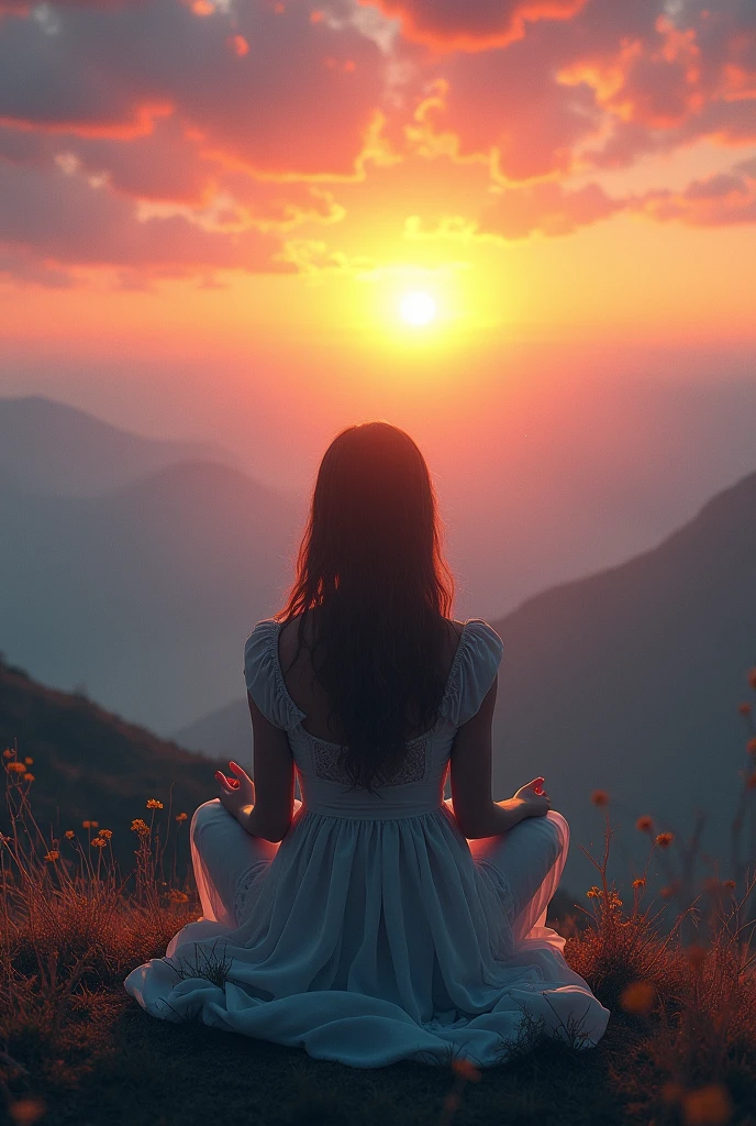 A person sitting on a hilltop, gazing at a panoramic view with the rising sun, as they activate their clairvoyant powers, detailed portrait, cinematic lighting, warm color tones, ethereal atmosphere, hyper-realistic, 8K, high resolution, masterpiece, digital art, concept art, fantasy landscape, dramatic lighting, vibrant colors, atmospheric, serene, elegant, mystical, transcendent, awe-inspiring