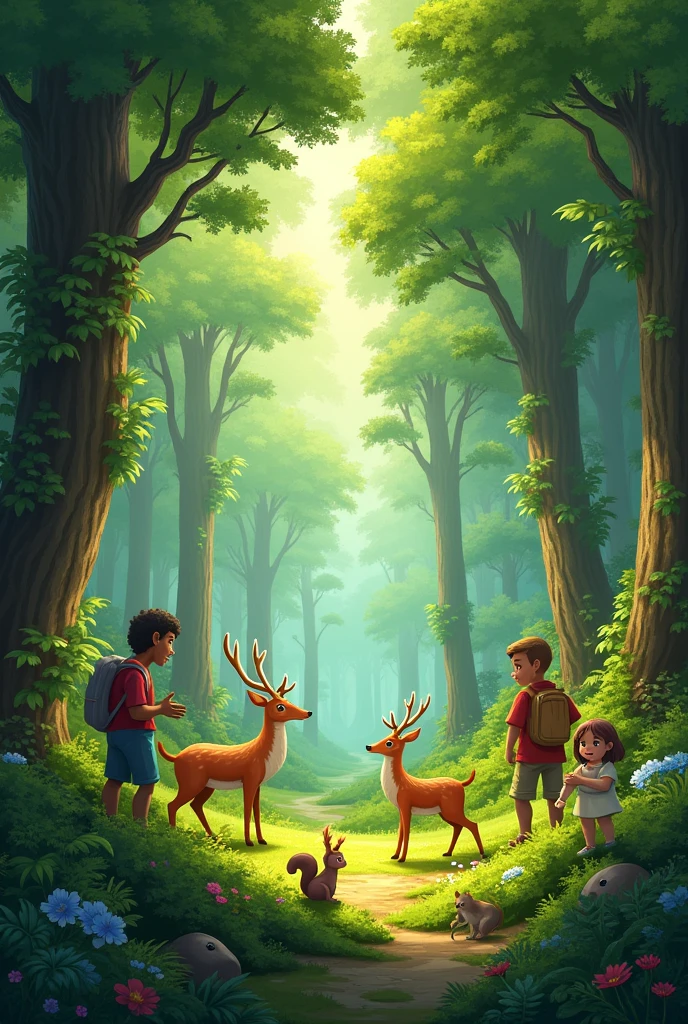 A forest with peoples and animals 
