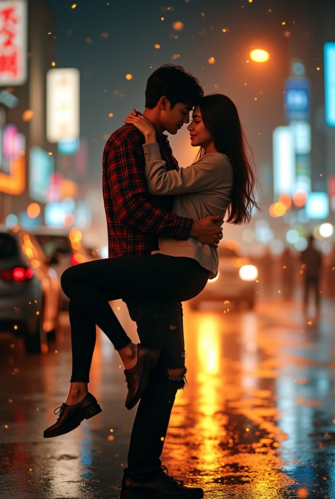 A striking and highly detailed image of a young Korean couple. The man carries the woman with both hands and the woman hugs the man romantically on the side of a busy night street. ( romantic lift hug ) full body photo. They see the viewer. The men wear flannel shirts, ripped black jeans with casual shoes, while the women wear stylish tunics and fitted black pants with no shoes. The city lights and traffic lights illuminated the surroundings, emitting a warm and inviting glow. Dramatic scene. Dramatic light. Rainy conditions. Lots of fireflies flying. The couple's expressions convey deep connection and passion, as they share intimate moments in a dynamic urban setting. 