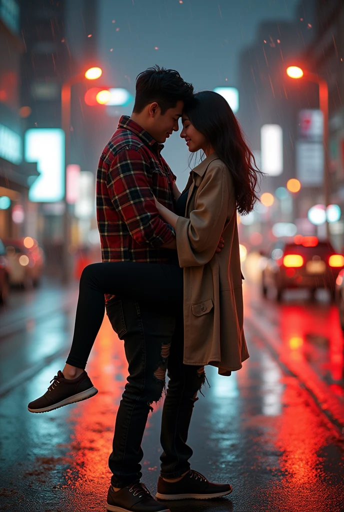 A striking and highly detailed image of a young Korean couple. The man carries the woman with both hands and the woman hugs the man romantically on the side of a busy night street. ( romantic lift hug ) full body photo. They see the viewer. The men wear flannel shirts, ripped black jeans with casual shoes, while the women wear stylish tunics and fitted black pants with no shoes. The city lights and traffic lights illuminated the surroundings, emitting a warm and inviting glow. Dramatic scene. Dramatic light. Rainy conditions. Lots of fireflies flying. The couple's expressions convey deep connection and passion, as they share intimate moments in a dynamic urban setting.