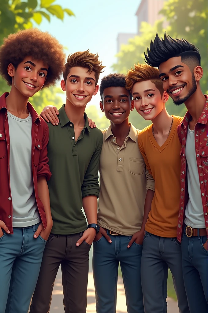 A group of six friends is posed for a photo, standing side by side, each with unique and distinct characteristics.Pablo: A young man of small stature, around 5'4" (162 cm), with shoulder-length curly hair that has a voluminous, natural bounce. His hair color is a light chestnut brown, and his fair skin has a slightly rosy undertone. Pablo has a defined jawline, giving his face a sharp, angular appearance. He is wearing a casual outfit, perhaps a fitted T-shirt and jeans, which complements his youthful and vibrant look.Camilo: Standing at a medium height of about 5'7" (170 cm), Camilo has a military-style Buzz cut, with his hair closely cropped to his scalp. His skin is fair, with a neutral undertone, and he has expressive brown eyes that stand out against his clean-cut appearance. Camilo’s facial features are strong and symmetrical, and he might be wearing a simple, understated outfit like a polo shirt and chinos.Juan Felipe: This young man is notable for his very frizzy, curly black hair, styled in a mullet that contrasts sharply with his fair skin. His hair is dense and textured, adding volume to his overall look. Juan Felipe’s black eyes are deep-set, giving him an intense and thoughtful expression. He could be dressed in a trendy outfit that matches his bold hairstyle, perhaps a patterned shirt and jeans.Javier: Of average height, around 5'8" (173 cm), Javier has black hair styled in a taper fade. The sides are short and gradually blend into the slightly longer, curly hair on top. His hair has a subtle wave, giving it a natural texture. Javier’s elongated eyes and fair skin give him a distinctive and striking look. He might be dressed in a smart-casual outfit, like a button-up shirt and dark pants, highlighting his polished style.Osman: Osman stands at a medium height of about 5'7" (170 cm) with slightly darker skin, a warm, rich brown tone. His Mohawk hairstyle is edgy, with very straight black hair that is longer in the center and shaved on the sides. Osman’s 