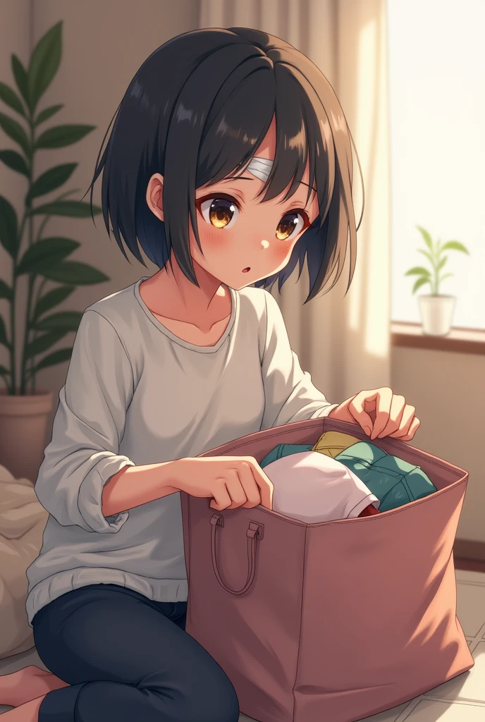 1 anime girl with short black hair and a bandage on her head, dressed like a boy and arranging her bag full of clothes to take them to the closet