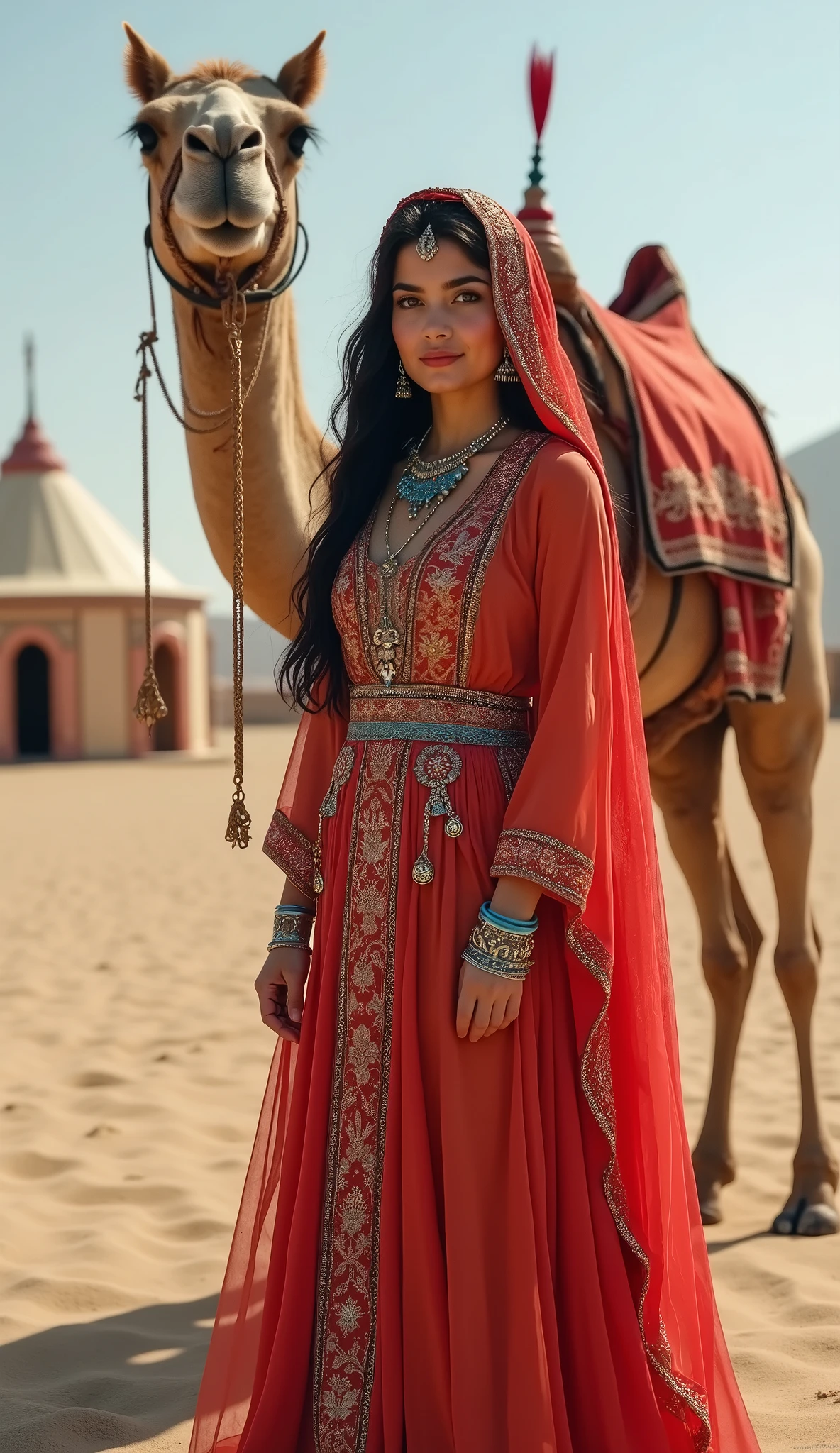 Front view ,Full-body, standing pose, on sand, near sultan tent, (( An  Arabian  camel, decoration camel harness:1.5)), a Persian  ancient girl, looking  White horse, exotic Persian girl is 20 years old, (Black hair ,long hair, Brown eye), (Her eyes were outlined with kohl:1.3) , (little Lips, smile), (Gorgeous head band with jewel), (middle  breasts, middle hip), (She wore a knee-length  light red gorgeous design red gown adorned with intricate embroidery, complemented by light blue bangles and necklaces. A second, longer shawl covered her head and shoulders, Kaunakes ), (framing her face like a White see-through veil), gorgeous sandal, ((Surrealism, UHD, retina, masterpiece, anatomically correct, accurate, textured skin, super detail, high details, high quality, best quality,  8k))
