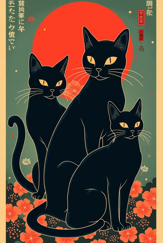 Retro Japanese black cats poster
