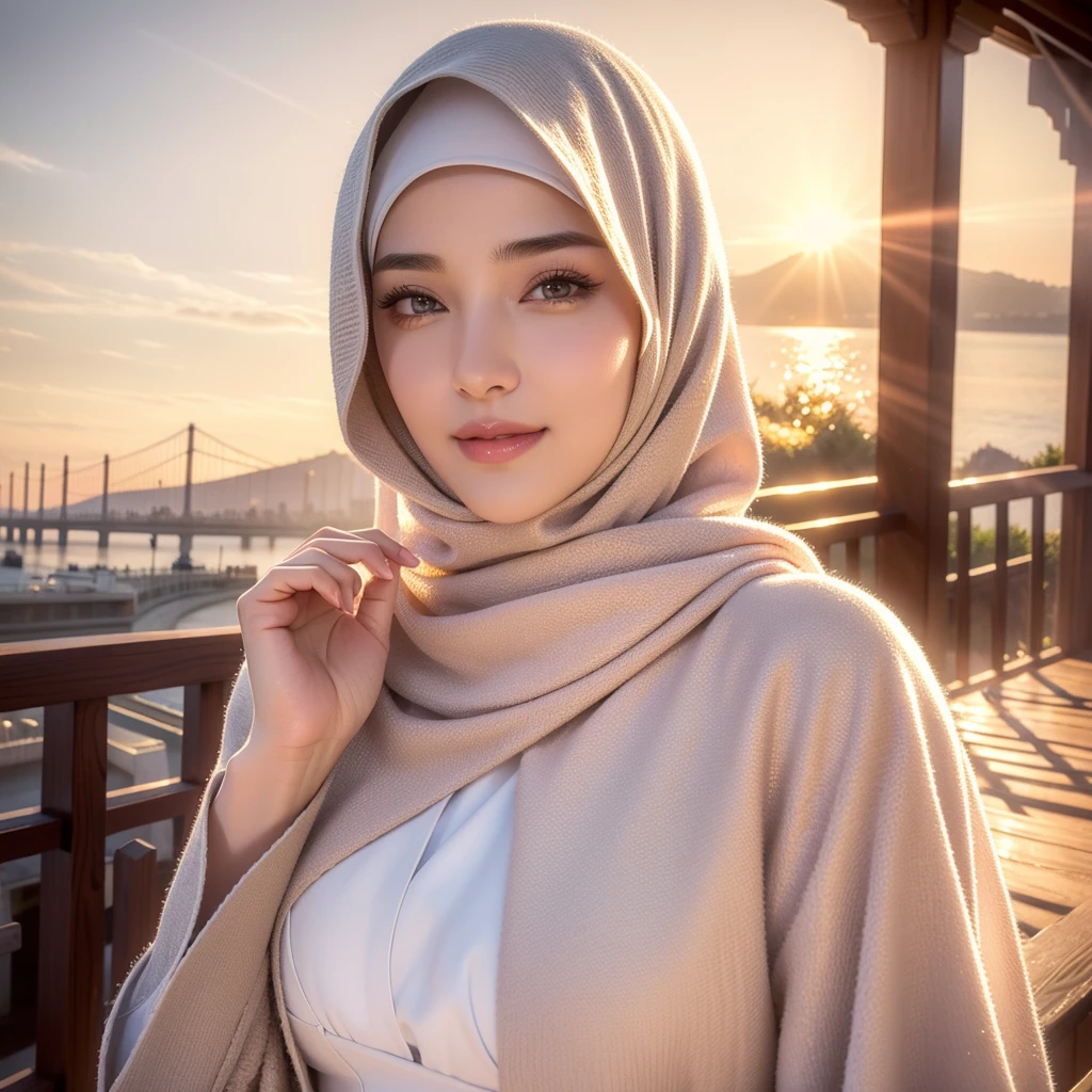 A beautiful young woman, (1girl), majestic hijab outfit, detailed face, alluring eyes, full lips, outdoor setting, selfie, soft lighting, warm colors, (best quality,4k,8k,highres,masterpiece:1.2),ultra-detailed,(realistic,photorealistic,photo-realistic:1.37),cinematic, beautiful detailed eyes, beautiful detailed lips, extremely detailed face and eyes, long eyelashes, intricate clothing textures, elegant posing, warm smile, romantic atmosphere