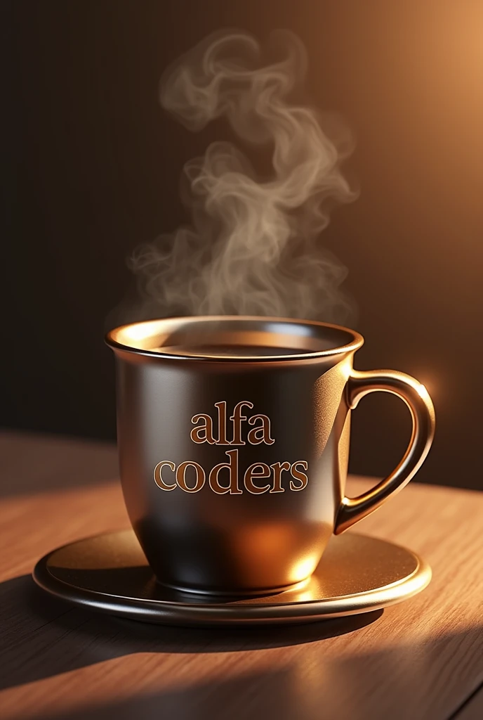 a coffee cup with an engraved text that says "alfa C0ders",high quality,photorealistic,detailed engraved text,3d render,studio lighting,metallic,reflective surface,steam rising from the cup,warm lighting,golden accents,elegant design