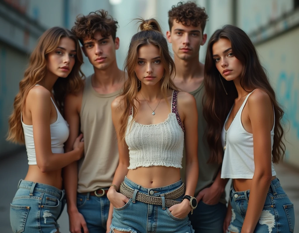 Photo of a girl in skater fashion and her male and female friends. Everyone is wearing a tank top. It's a cool and stylish image.