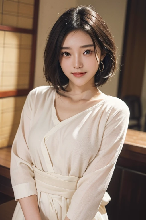 (2 pure Japanese girl,), (Small breasts:1.5,),(solo,,Textured skin, Detailed skin,Detailed face,Detailed eyes,detailed posing,Natural eyebrows,Sparkling Eyes,High detail, Highest quality, Super detailed, Surrealism, ,8k,RAW Photos,Photographicism,Professional Lighting,Ray Tracing,Portrait Photography,Soft Light),((Black Hair, Natural Makeup,Simple earrings, Bob Hair,smile)),(((Family Restaurant Clerk,part-time job,Composition from the waist up)))