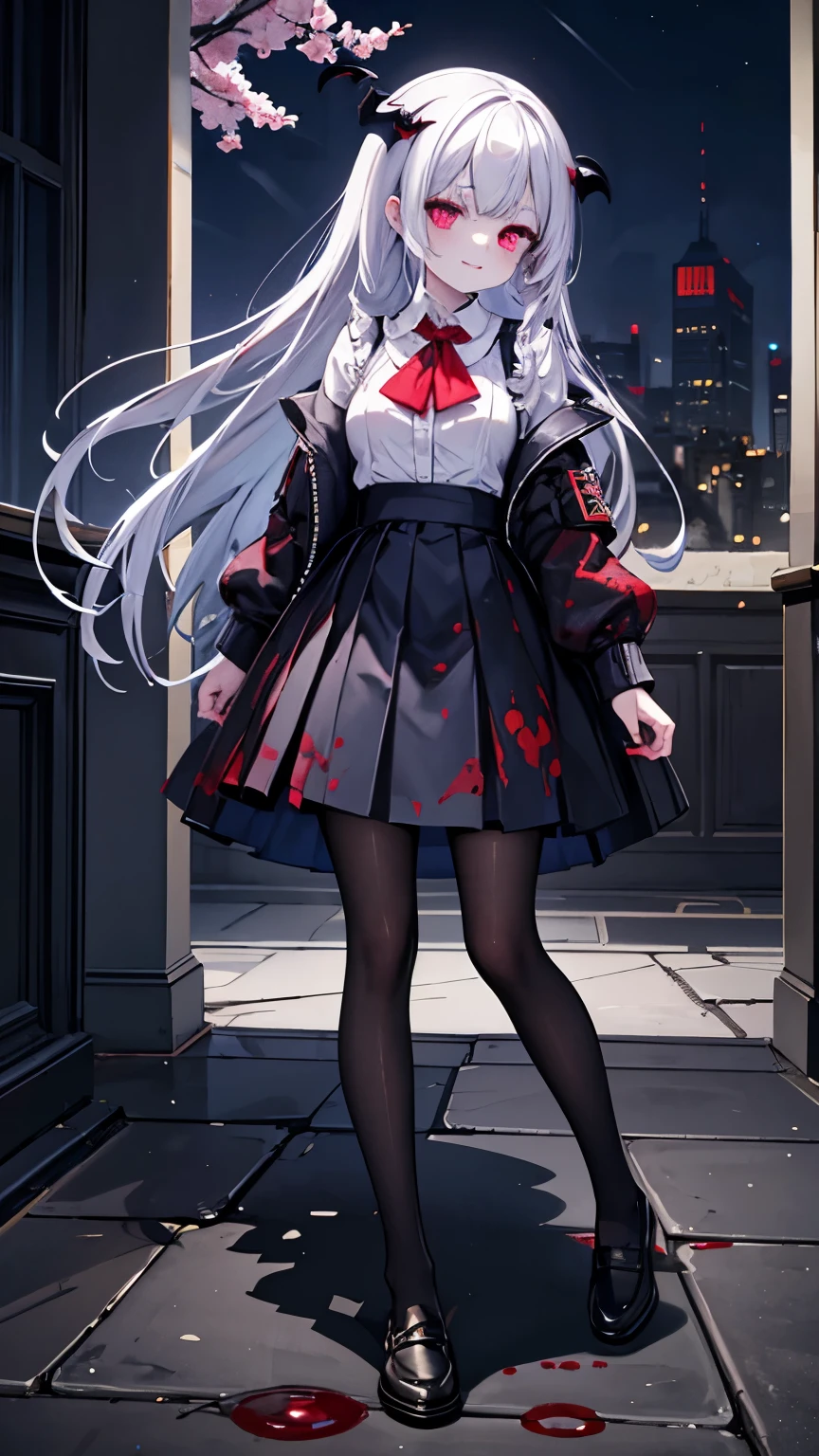 "absurdres, 8K, full body shot, low-angle shot, (Beautiful girl: 1.3), one girl, high quality, ultra-high quality, masterpiece, detailed, exquisite, extremely precise, beautiful, (insane eyes, red left eye, blue right eye), (blood splatter:1.3), bloody,(vampire: 1.3), white hair, dark atmosphere, classroom, cherry blossoms, night, pale skin, uniform, knee-length skirt, evil smile, loafers, pantyhose"