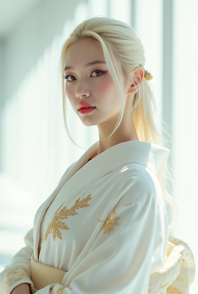 A photo of a pristine futuristic Asian geisha with bright dark red eyes and dark pink lips, with blonde hair. She is wearing a white kimono with gold patterns. The background is a modern minimalist view with pure white aesthetics. The image is shot with a Nikon Z7 II, 50mm f/1.4 lens, and has vibrant colors.