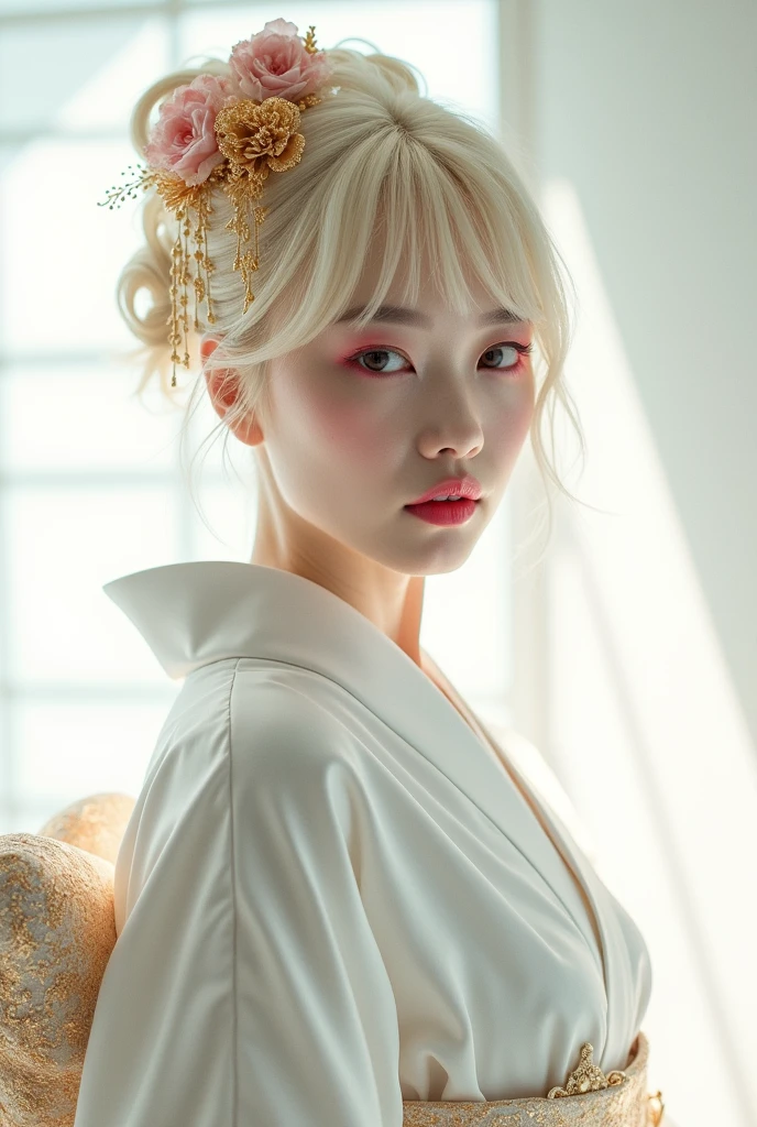 A photo of a pristine futuristic Asian geisha with bright dark red eyes and dark pink lips, with blonde hair. She is wearing a white kimono with gold patterns. The background is a modern minimalist view with pure white aesthetics. The image is shot with a Nikon Z7 II, 50mm f/1.4 lens, and has vibrant colors.