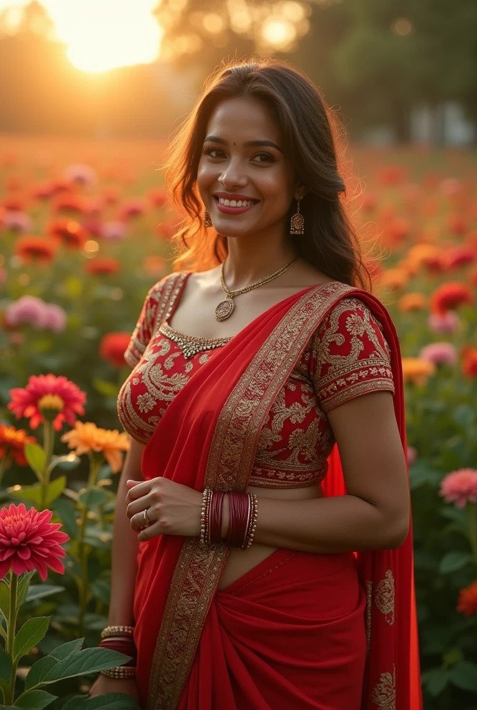 a very short and thick curvy smiling Indian girl with huge saggy mature breasts wearing trendy gorgeous intricate traditional saree and embroidered lacey blouse without bra at a flower garden during golden hour, warm backlit dreamlike atmosphere, soft cinematic focus, anamorphic lens flares, masterpiece, by Zack Snyder,