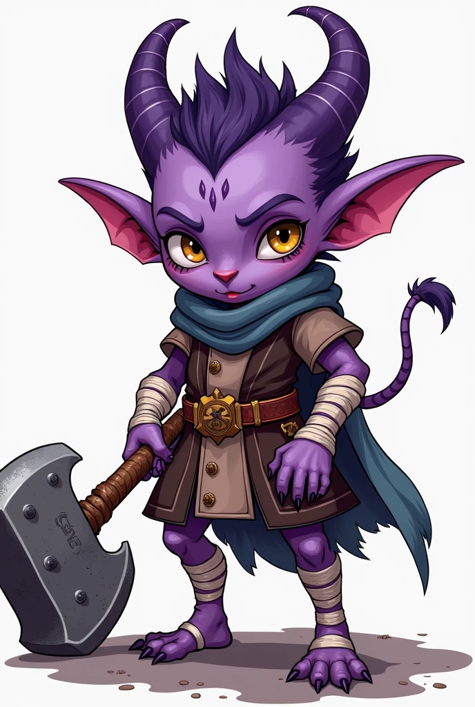 A young purple-skinned tiefling wearing some bandages on her hands, carrying a huge war hammer. Made with thick anime lines