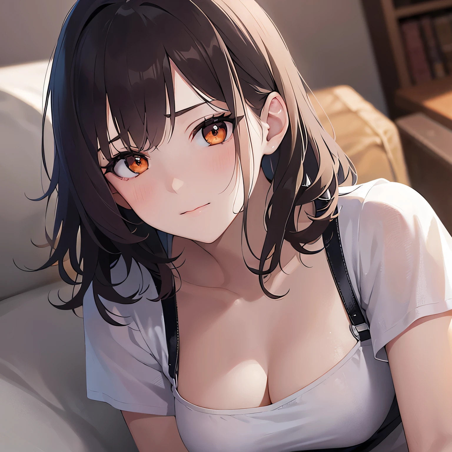 cinematic angle, looking up, Upper Body, Realistic, real person, (pale skin: 1.2), RAW photo, photorealistic, shiny skin, shiny hair、(A 2 woman with medium-length hair and bangs) and (wavy hair) and (brown hair) and (orange eyes) , White T-shirt 、Cleavage、Sad smile, (embarrassed:1.3), Sofa in the background、Alone、