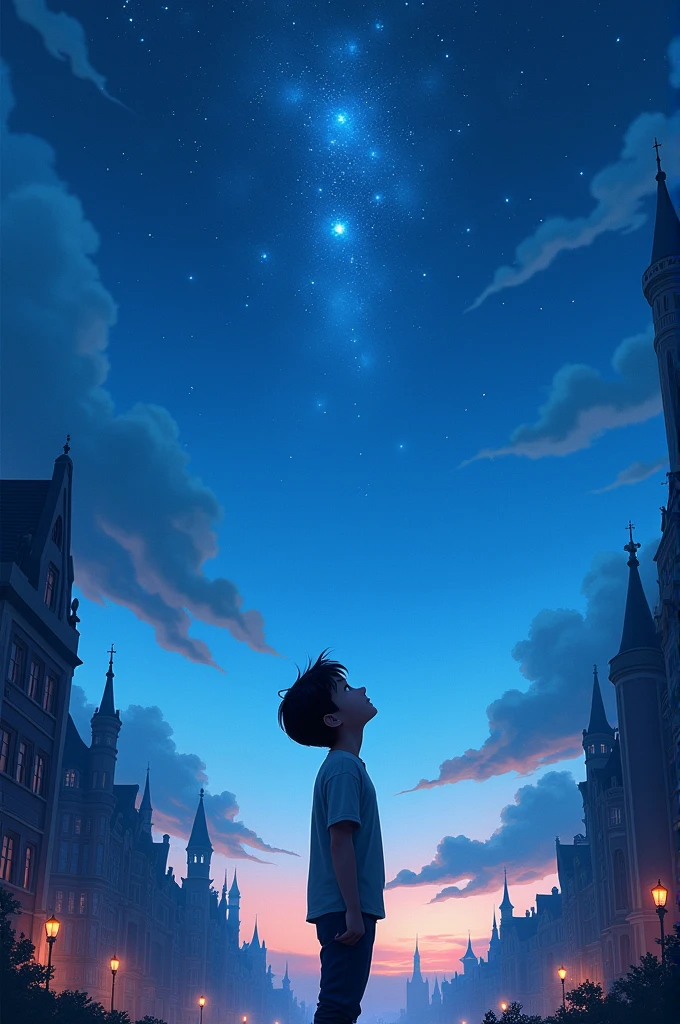 A beautiful blue sky and Star whit a boy standing loking at star in the city of love 