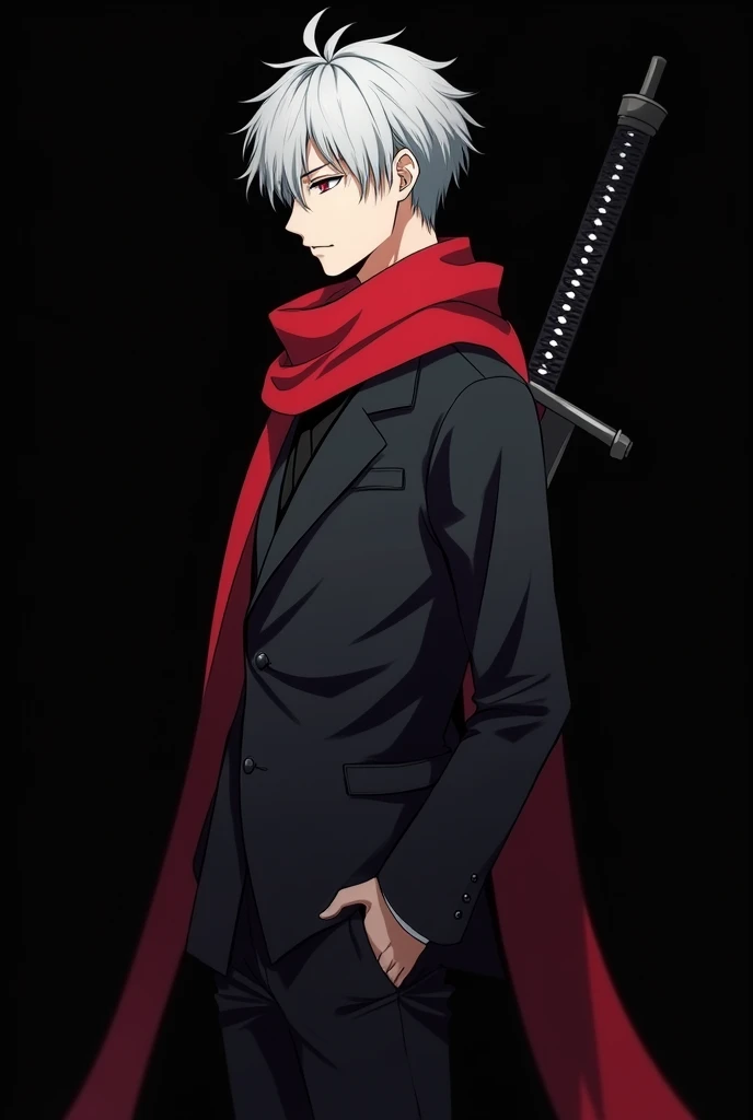 Silver hair Anime man with a red scarf, black sword in his back, red eyes, no glasses, 2
, short hair, full body, tall, depressed, black background