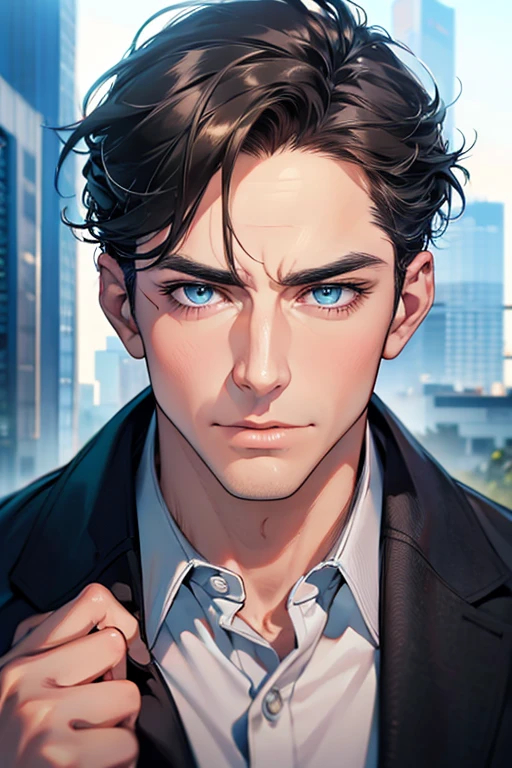 (Best Quality,4k,8k,high resolution,Masterpiece:1.2),ultra detailed,(realist,photorealist,photo-realist:1.37),1 man,31 years,mature man,very handsome,without expresion,muscled body,short gray black hair,Blue eyes,glare,perfect face without mistakes,imposing posture,businessman,office background,cinematic lighting,imagen HDR