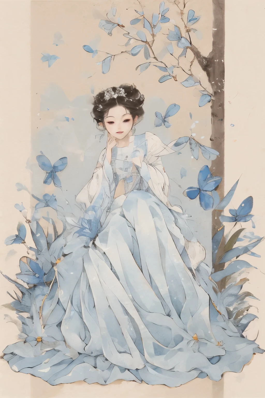 1 girl，Shimizu，Blue Butterfly，Pure white gauze skirt，shiny，Sitting in the air
