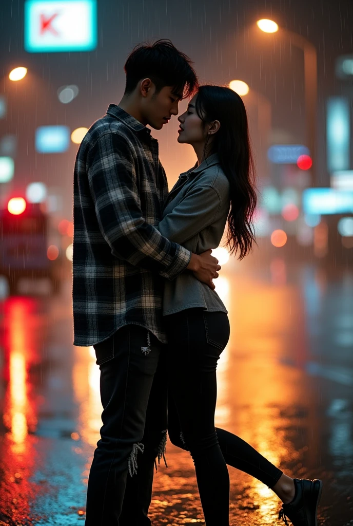A striking and highly detailed image of a young Korean couple. The man carries the woman with both hands and the woman hugs the man romantically on the side of a busy night street. ( romantic lift hug ) full body photo. They see the viewer. The men wear flannel shirts, ripped black jeans with casual shoes, while the women wear stylish tunics and fitted black pants with no shoes. The city lights and traffic lights illuminated the surroundings, emitting a warm and inviting glow. Dramatic scene. Dramatic light. Rainy conditions. The couple's expressions convey deep connection and passion, as they share intimate moments in a dynamic urban setting. 