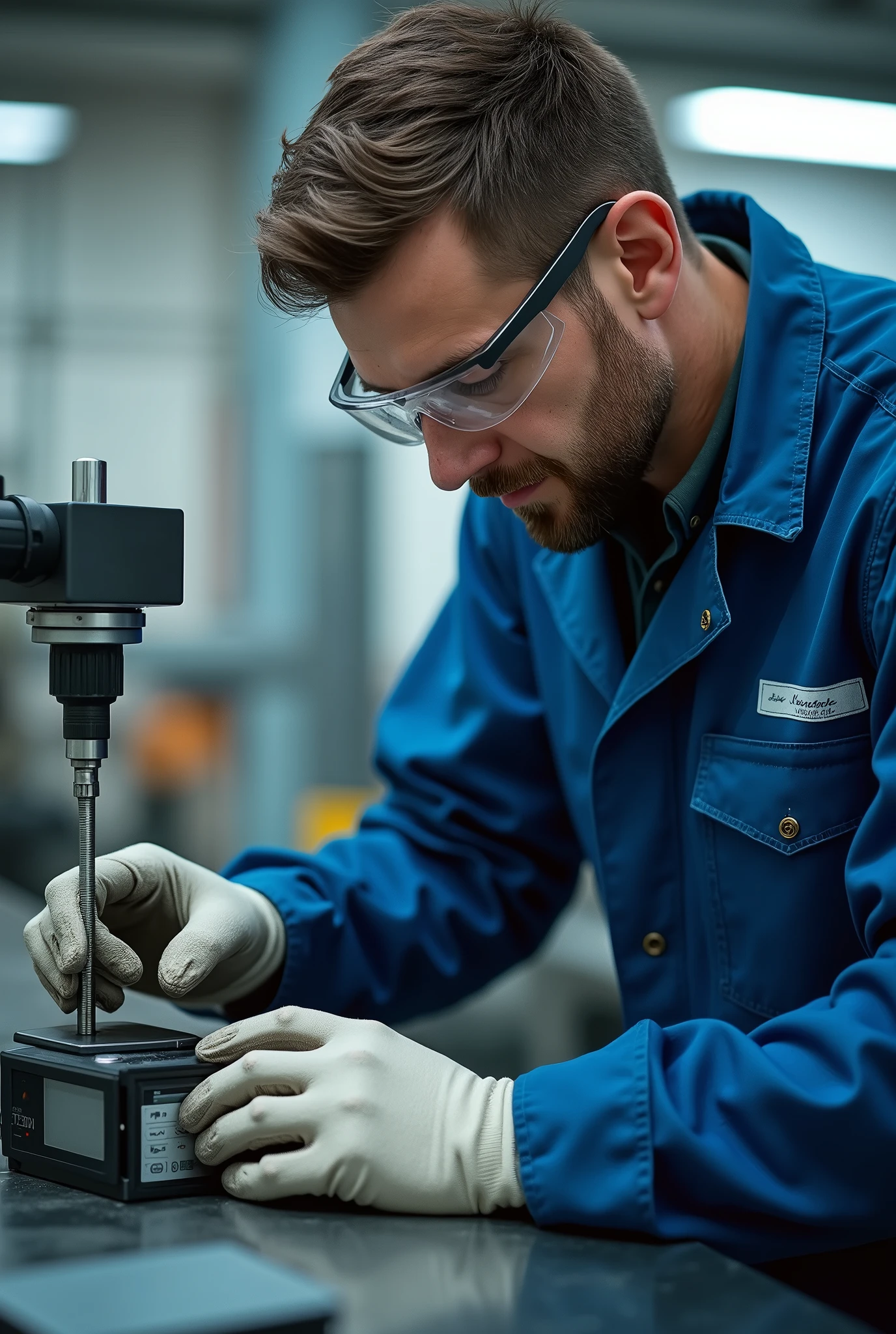 High-resolution image of a male worker wearing a blue industrial uniform, safety gloves, and safety glasses, performing calibration and verification of a measurement instrument. The worker is carefully adjusting the equipment, with clear details on the calibration process, the measurement device, and the protective gear. The scene should be well-lit, showcasing a professional setting focused on precision, safety, and accuracy in industrial calibration