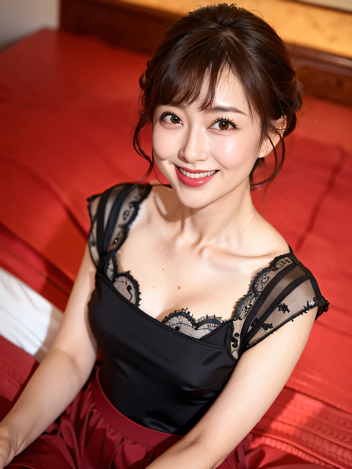 最high quality, 8k, Masseter region, Vibrant, Sharp focus, high quality, High resolution, alone, Japanese women, Lying in bed, (Shooting from a high angle),50 years old, Whole Body Ezbian, , Highly detailed face, Highly detailed eyes, Red lipstick, ((Looking at the audience)), （standard body type）, Beautifully styled short black hair, （Bedroom Background）, Brightly colored lace underwear, (A kind smile)