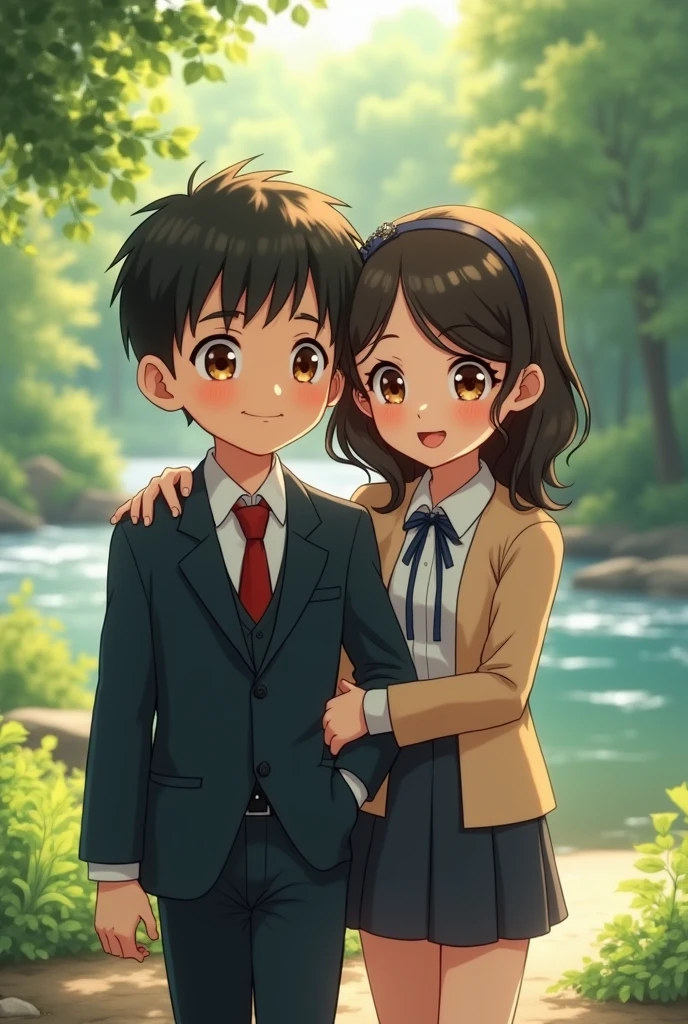 Boy,,wear formal clothes for school,  beautiful smile, in a green area in front of a river, with his mom, black hair,diamond face , brown innocent eyes