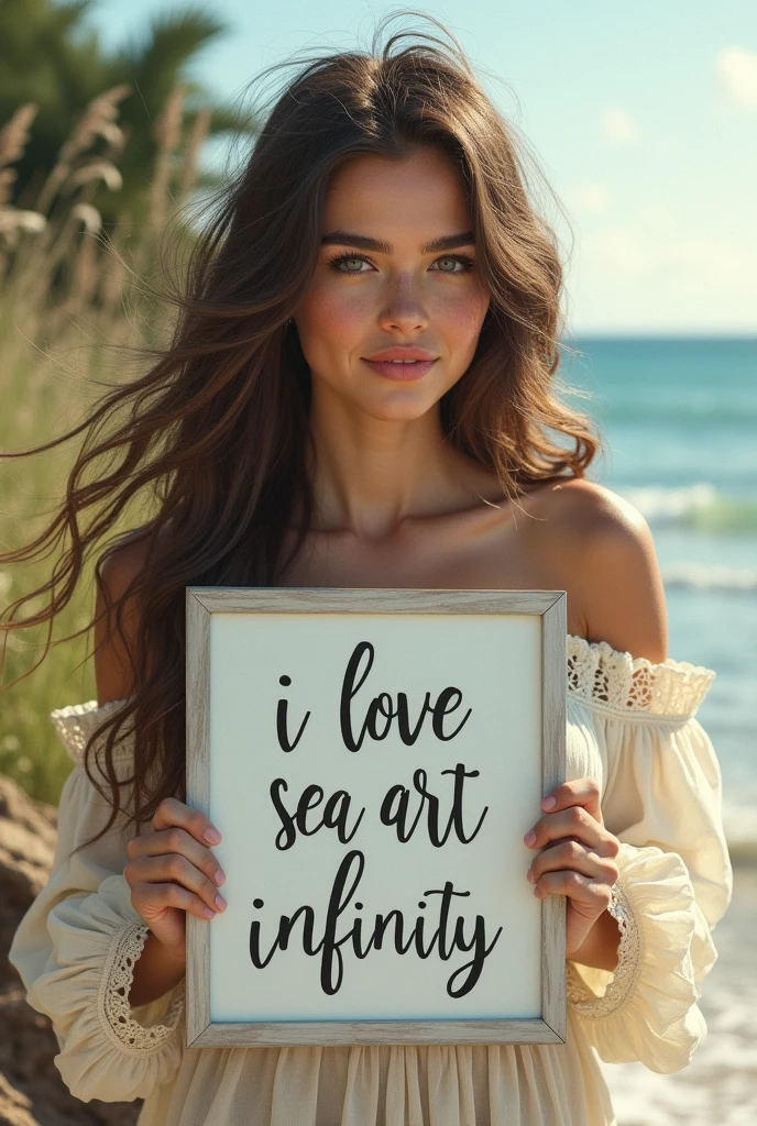 Beautiful girl with wavy long hair, bohemian dress, holding a white board with text "I Love Seaart Infinity" and showing it to the viewer