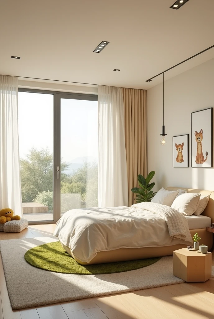 Professional 3d architecture rendering design of modern and light moss and so light Thunder and light orange and cream and wooden Modern and minimal design for chid bedroom and light cream carpet with animals painting and white painting wall and light wooden closet with animals painting and modern ceiling lighting and modern curtains for chid room and the child large bed similar globe and safety chair for chid