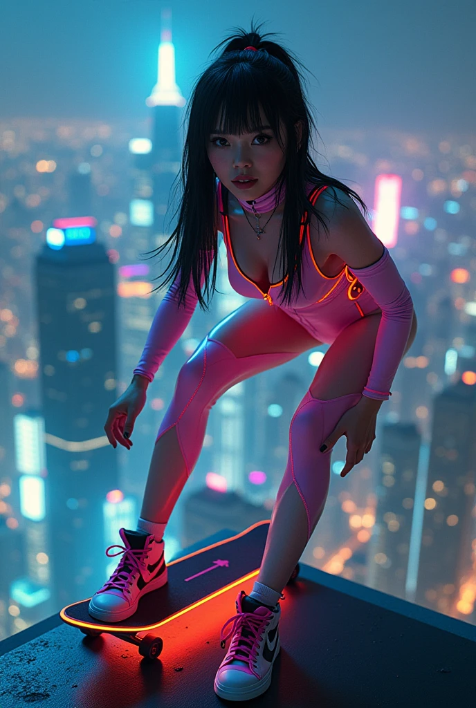 ultra-realistic, photorealistic, dramatic scene, shadow, global-illumination, (20 years old Japanese famous idol girl:1.5), Unconventional skateboarding alone at the top of the tallest building in cyber punk metropolitan, amazing view of skyscrapers at night, dynamic angle, acrobatic pose, masterpiece, (face focus:1.6), beautiful eyes, wearing a cyber punk neon bodysuits, very large breasts, beautiful face,