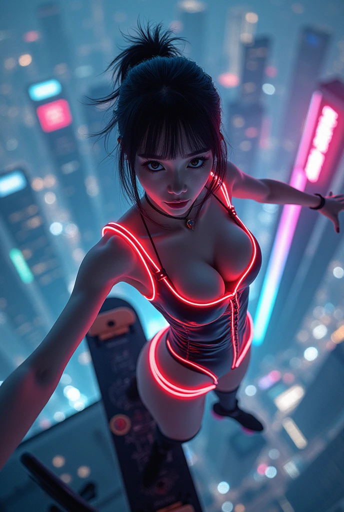 ultra-realistic, photorealistic, dramatic scene, shadow, global-illumination, (20 years old Japanese famous idol girl:1.5), taking off in a glider from the top of the tallest building in cyber punk metropolitan, amazing view of skyscrapers at night, dynamic angle, acrobatic pose, masterpiece, (face focus:1.6), beautiful eyes, wearing a cyber punk neon bodysuits, very large breasts, beautiful face,