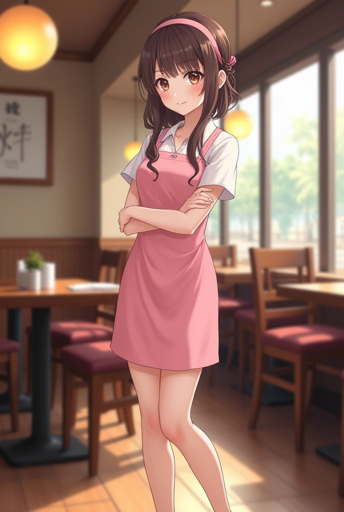 ((masterpiece, top quality, 8k, photo realistic, ultra highly detailed)), 1 girl, (japanese face:1.5), 20 years old, big smile:1.4, perfect cute face:1.4, symmetrical face, perfect body:1.4, dark brown hair, lower ponytail:1.4, double eyelid, (full body shot, polite standing:1.3, beautiful legs:1.4, waitress:1.3), ((light pink short sleeve one piece dress, off shoulder, light pink heels, light pink head band)), (in restaurant:1.5)