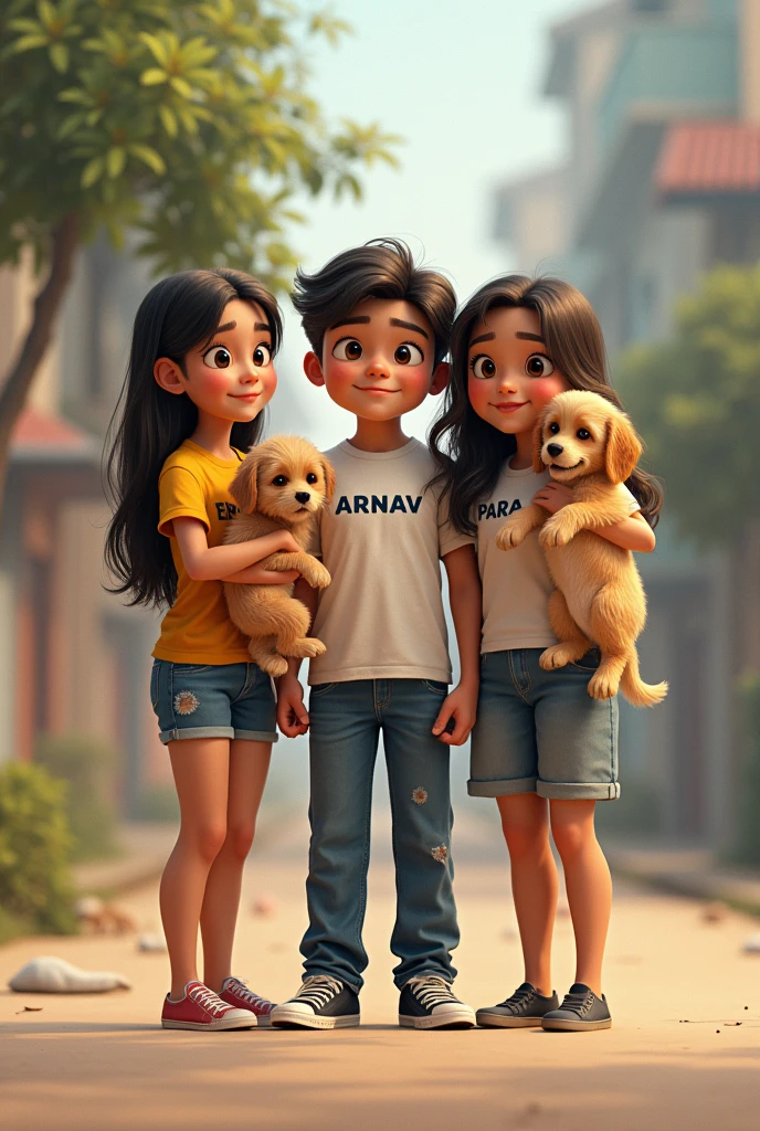 
there are 2 girls and a boy in middle boy name is arnav and gorls name is ak and para para is holding a pomerian dog arnav is holding a golden retriever 
{"tool": "tex2img", "init_image": "", "query": "A boy named Arnav standing in the middle, wearing a t-shirt with his name on it, flanked by two girls, Ak and Para, each wearing t-shirts with their respective names."}