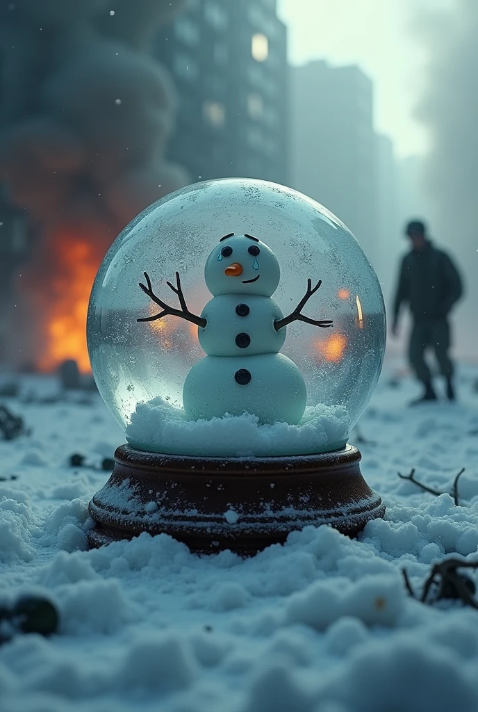 a snow globe buried slightly in the snow, background of a warzone, hyper realistic rendering, fire and explosion in the background, soldier in the background, super detailed, dim lighting, focus on the snow globe, cracks on the snow globe, a crying snowman inside the snow globe, slightly tilted snow globe