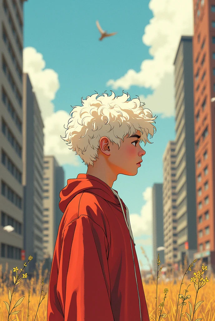 ,author:Conrad Roset ,A chubby boy,White curly hair,strong,optimism,Sunlight,Depth of Field,city environment,Lack of metal,Surreal minimalist shadows,Luo Erchun,