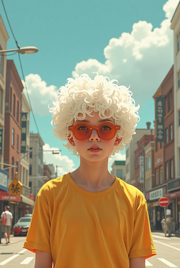 ，author：Conrad Roset ，A chubby boy，White curly hair，strong，optimism，Sunlight，Depth of Field，city environment，Lack of metal，Surreal minimalist shadows，Luo Erchun，