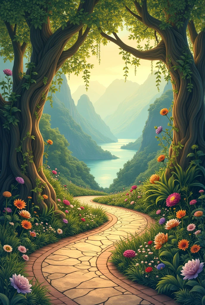 A path with a whimsical ambiance in the style of art nouveau with a view.