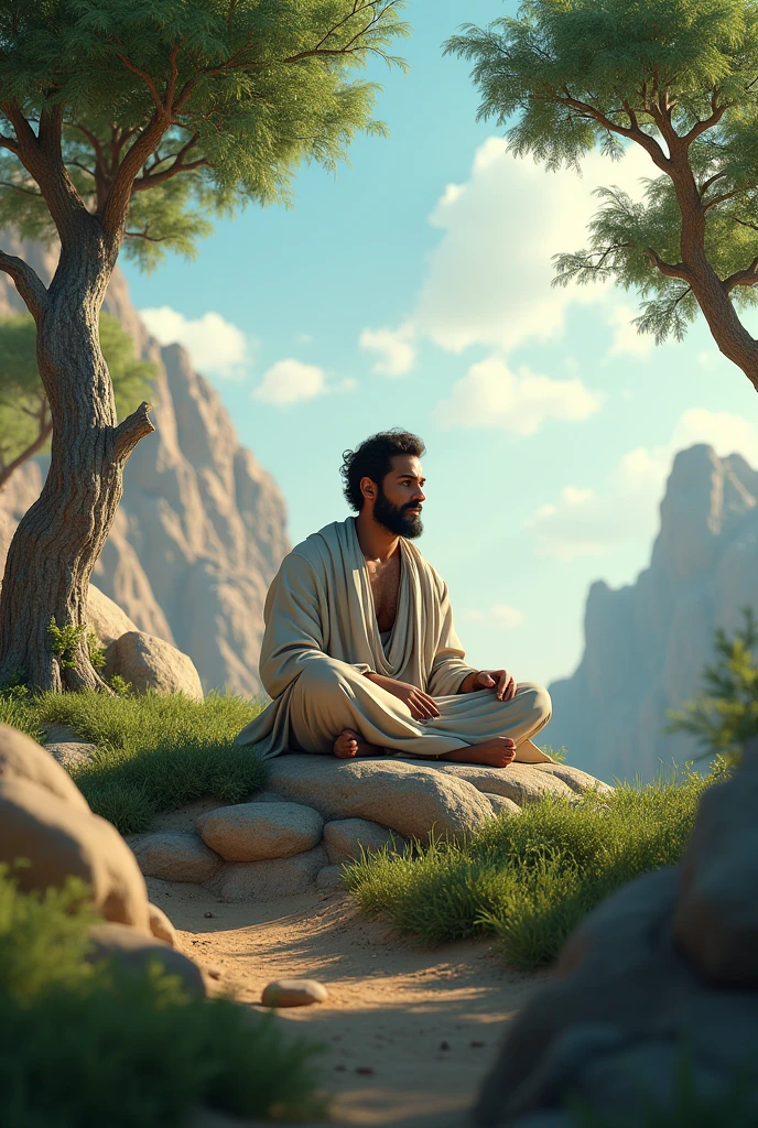 A handsome dervish is meditating on the top of a hill, the scene will be Arabian, surrounded by many trees and rocks.