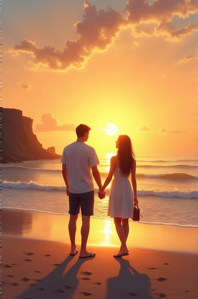 A drawing of a couple watching the sunset together in a beach