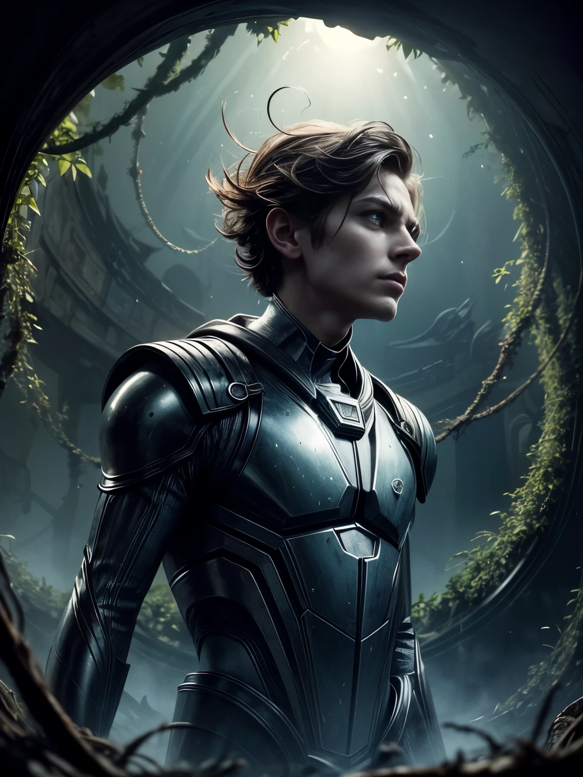 An ancient, petrified man standing stoically at the helm of an extraterrestrial ship. His clothes are tattered, yet a crown of vines adorns his head, hinting at a forgotten nobility. The ship's cockpit is a blend of organic and technological elements, with glowing crystal consoles and a chair grown from the ship's biomechanical structure that has encased the man over centuries. The vessel itself is a colossal, amphibious creature, its metallic skin etched with ancient runes, now partially submerged in a murky, ancient ocean. Tendrils of seaweed drape over the ship's edges, creating an eerie symbiosis between the organic and the alien. Through the cockpit's transparent bubble, the viewer glimpses the ship's vast control room, filled with dormant, crystalline pods, suggesting a long-abandoned crew. The man's hand rests upon a pulsing, crystalline lever, his gaze locked onto the horizon where the sun is setting, casting a warm glow across the water. His expression is one of solemn resignation, a silent guardian of a lost era of intergalactic travel and an eternal witness to the passage of time. The overall scene is suffused with an air of timelessness and mystery, inviting the observer to ponder the untold story of this human-alien encounter and the fate of the once-mighty civilization that created such a wondrous craft.