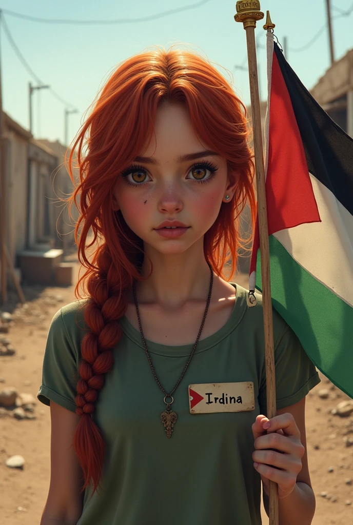 A girl with red hair with nose piercing with nametag "Irdina" holding a palestine flag with palestine refugee camp background