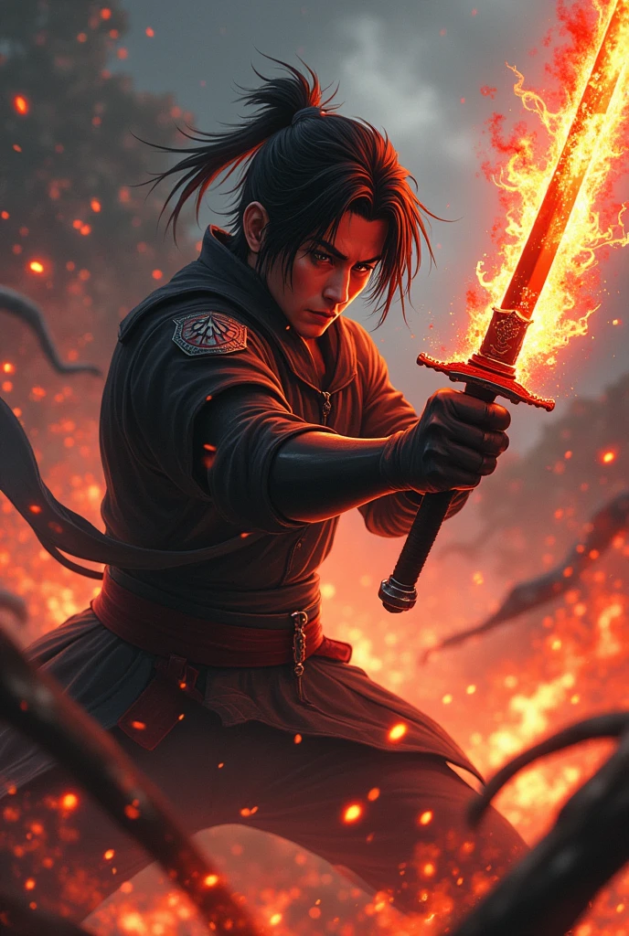 Demon slayer's Tanjiro kamado swing a sword with burned with fire blade in battle with red Mark on his forehead with dangerous look