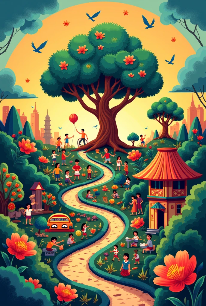 (poster,cartoonish) 

1. Central Image:
   - A large outline of the Philippine map
   - A stylized bayanihan scene
   - A tree symbolizing growth and roots of the nation

2. Visual Elements:
   - Include iconic Filipino symbols (jeepney, sampaguita, Philippine eagle)
   - Depict historical events in small vignettes around the border
   - Show diverse Filipino faces representing different regions

3. Color Scheme:
   - Use colors of the Philippine flag (red, blue, yellow, white)
   - Incorporate warm, vibrant colors representing Filipino culture


5. Layout:
   - Divide the poster into sections representing different eras or aspects of Filipino life
  

6. Artistic Style:
   - Incorporate traditional Filipino art styles like indigenous patterns
   - Use a mix of realistic and symbolic representations

