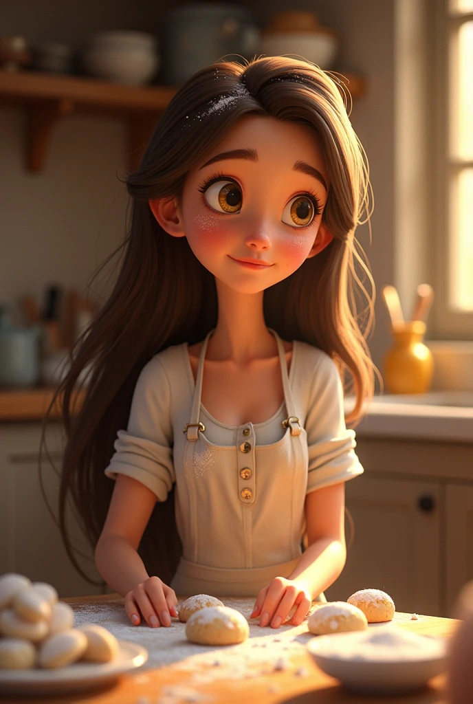 In the kitchen, covered in flour, baking cookies with a look of concentration and a hint of a smile. The character has long, straight, messy, browns  hair, bright yellow eyes, snow-white skin, a perfect and delicate face, she is very beautiful and is 2, make the image in the Pixar style Disney, in 9:16 format.